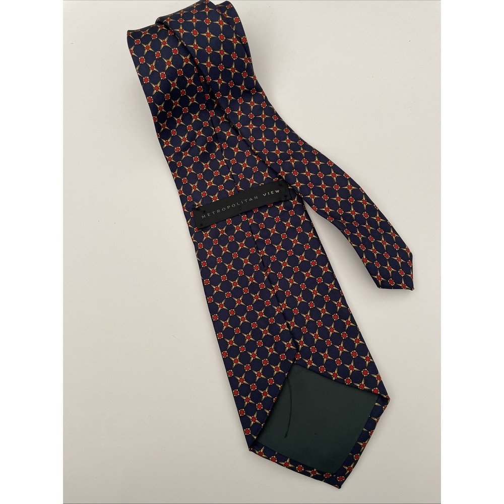 Metropolitan View Mens Silk Necktie Navy Blue Red Gold‎ Geometric Medallion